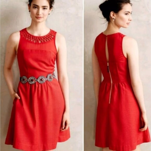Maeve Dresses & Skirts - Anthropologie Maeve Lattice Neck Dress Red Size 10 Petite Fit Flare Zipper